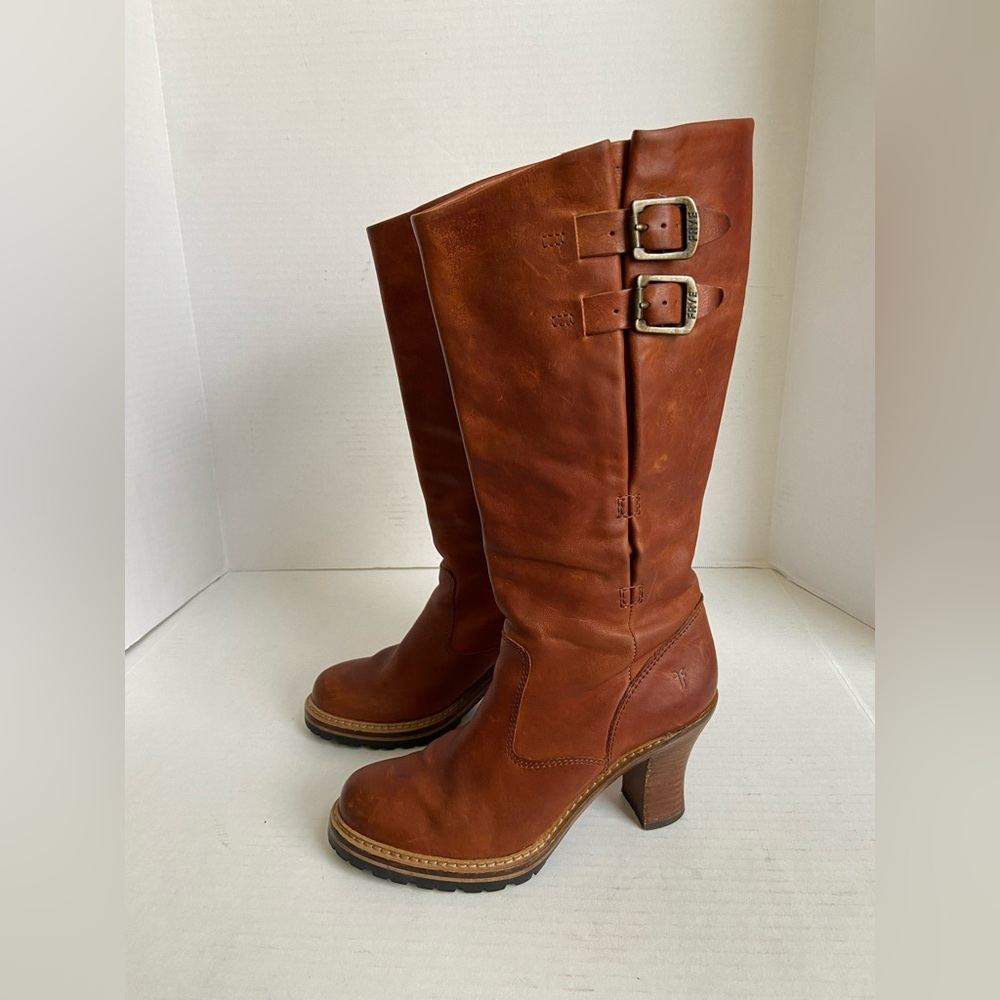 Frye Mildred Riding Boots Brown Tall Sz 7M Knee High Engineer English Tan Womens